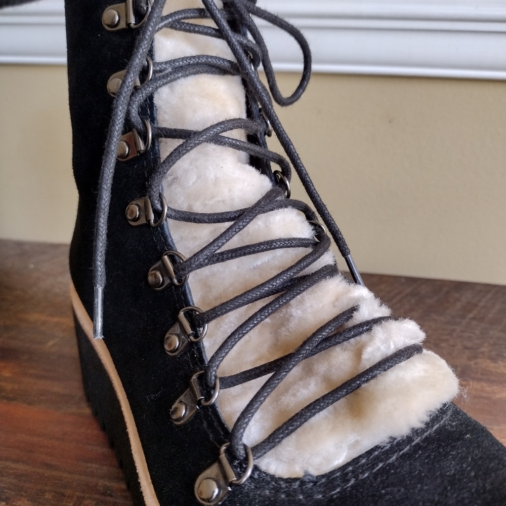 ALL BLACK Black Cream Suede Shearling Lug Flatform Platform Boots Size 37.5 (7) - Picture 8 of 12